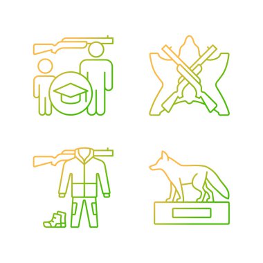 Av kupası ve ekipman gradyan doğrusal vektör simgeleri ayarlandı. Acemi eğitimi. Kıyafet ve ekipman. İnce çizgili sembol demetleri. İzole edilmiş taslak illüstrasyon koleksiyonu