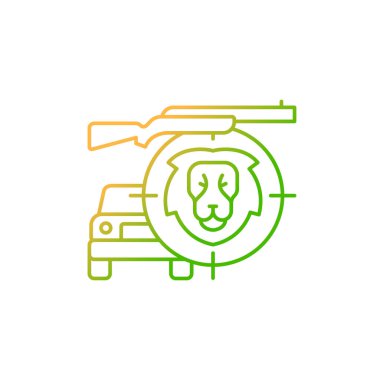 Safari gradyan doğrusal vektör simgesi. Vahşi yaşam hayvanları görünür ve avlanır. Safari aracı. Savannah 'ya bir tur. İnce çizgi renk sembolü. Modern tarz pictogram. Vektör izole çizimi