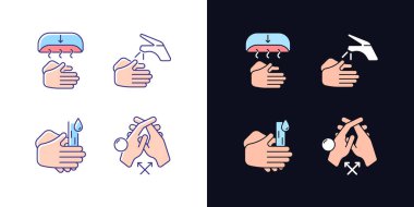 Proper handwashing light and dark theme RGB color icons set. Hand-drying method. Wetting hands with water. Isolated vector illustrations on white and black space. Simple filled line drawings pack clipart