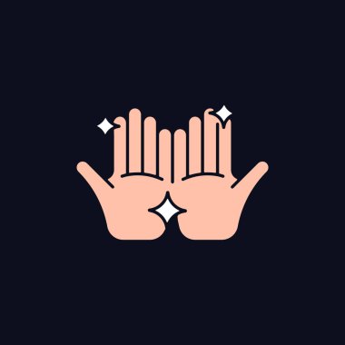 Koyu renk teması için RGB renk simgesi. Sıcak su ve sabunla ellerini yıkıyorsun. Görünür kiri temizliyorum. Gece modunda izole vektör çizimi. Siyah üzerine basit çizgi çizimi