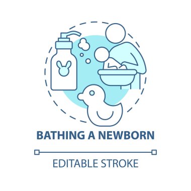 Yeni doğmuş mavi konsept ikonu. Bebek hijyeni soyut fikir ince çizgi çizimi. Haftada iki kez bebekle banyo yap. Çocuk küveti. Vektör izole edilmiş dış hat renk çizimi. Düzenlenebilir vuruş
