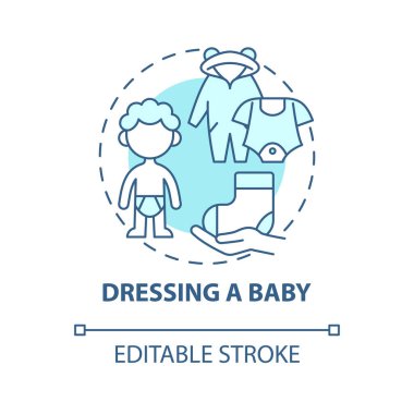 Bebek mavisi konsept ikonu giydirmek. Bebek kıyafetlerini değiştir soyut fikir ince çizgi çizimi. Çocuk bakımı ve hijyen. Bebek ne giyerse. Vektör izole edilmiş dış hat renk çizimi. Düzenlenebilir vuruş