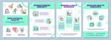 Çocukların sağlık broşürleri. Düzenli sağlık kontrolü. Broşür, broşür, broşür baskısı, doğrusal simgelerle kaplama tasarımı. Sunum için vektör düzenleri, yıllık raporlar, reklam sayfaları