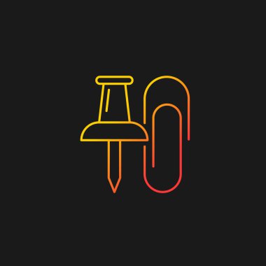 Koyu tema için raptiyeler ve ataç gradyan vektör simgesi. Ofis malzemeleri. Kağıt çarşafları birbirine bağlamak. Asılı notlar. İnce çizgi renk sembolü. Modern tarz pictogram. Vektör izole çizimi