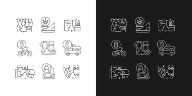 Karanlık ve aydınlık moduna göre atık doğrusal simgeler azaltılıyor. Yükselen ürünler. Biyolojik çözünebilir kırtasiye malzemesi. Özelleştirilebilir ince çizgi sembolleri. İzole vektör çizimi çizimleri. Düzenlenebilir vuruş