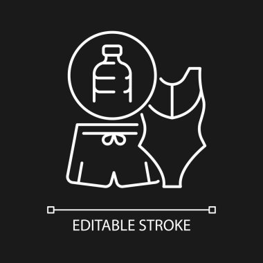 Plastik şişelerden siyah tema için beyaz doğrusal ikon mayo. Geri dönüştürülmüş plastik atık. İnce çizgi özelleştirilebilir illüstrasyon. Gece modu için izole vektör kontur sembolü. Düzenlenebilir vuruş