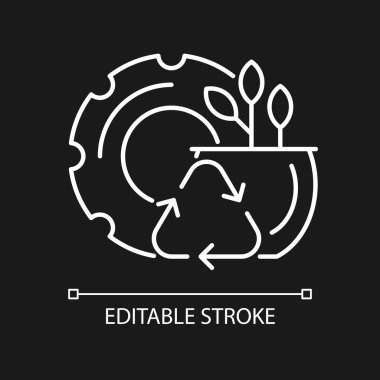Geri dönüştürülmüş kauçuk ekiciler koyu renk tema için beyaz doğrusal simge. Sıfır israf yaşam tarzı. Eko saksıları. İnce çizgi özelleştirilebilir illüstrasyon. Gece modu için izole vektör kontur sembolü. Düzenlenebilir vuruş