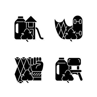 Sürdürülebilirlik için geri dönüşüm simgeleri beyaz uzaya ayarlandı. Balıkçılık takımları yeniden kullanılıyor. Çevre dostu oyun alanı. Sürdürülebilir kaykay. Siluet sembolleri. Vektör izole illüstrasyonu