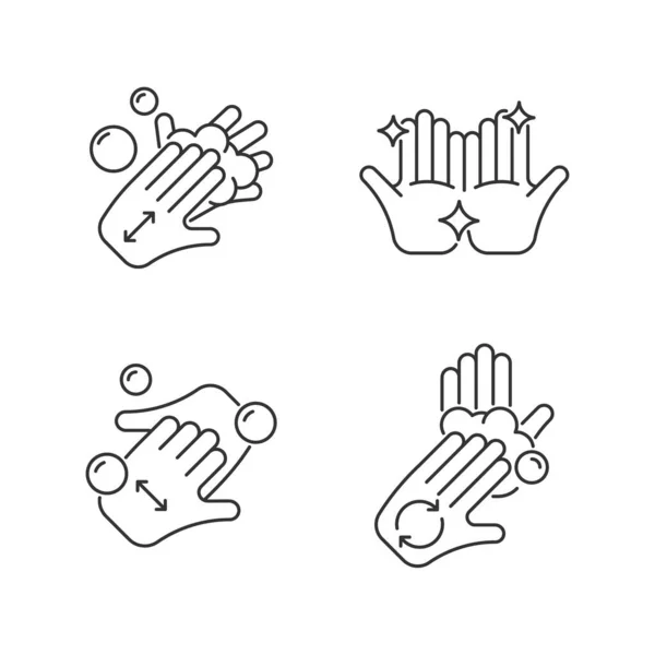 Washing Hands Instruction Linear Icons Set Rubbing Palms Together Soap — Stock Vector