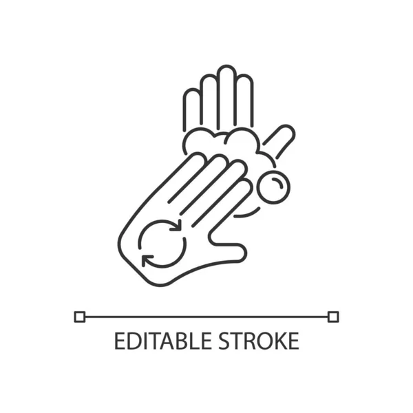 指の線形アイコンで手のひらをこすります 定期的な手洗い 石鹸で手をカバー後で 細い線のカスタマイズ可能なイラスト 輪郭のシンボル ベクトル絶縁外形図面 編集可能なストローク — ストックベクタ