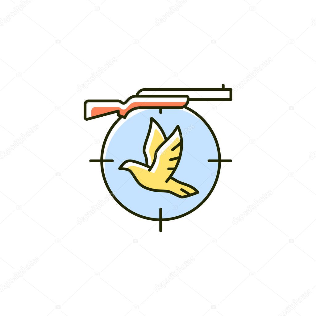 Pigeon shooting RGB color icon. Bird shooting competition. Roost and flighting dove hunt. Woodpigeon hunting. Equipment and rifle. Isolated vector illustration. Simple filled line drawing