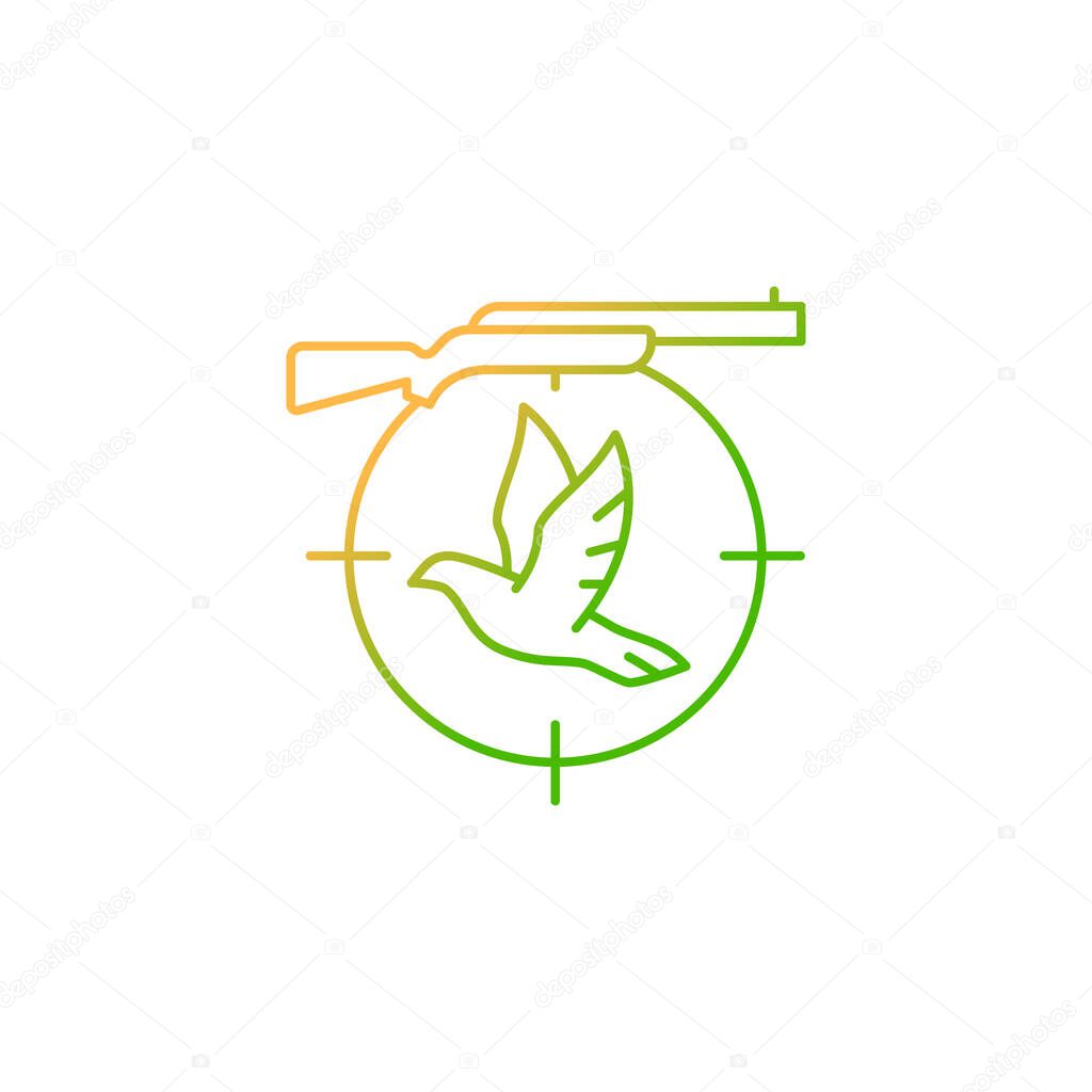 Pigeon shooting gradient linear vector icon. Shooting competition. Roost and flighting dove hunt. Equipment and rifle. Thin line color symbol. Modern style pictogram. Vector isolated outline drawing