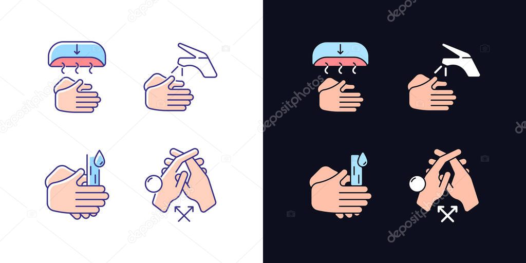 Proper handwashing light and dark theme RGB color icons set. Hand-drying method. Wetting hands with water. Isolated vector illustrations on white and black space. Simple filled line drawings pack