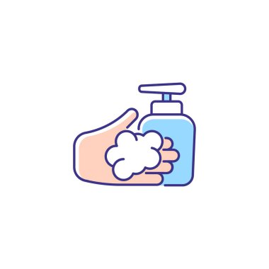 Washing with liquid soap RGB color icon. Minimizing germs transfer risk. Keeping hands smooth and moisturized. Antimicrobial skin cleanser. Isolated vector illustration. Simple filled line drawing clipart
