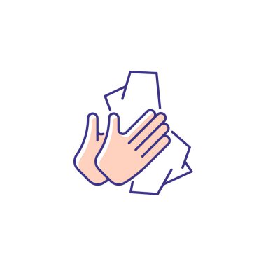 Doku RGB renk ikonu ile kurumuş eller. Avuç içlerindeki kirleri ve mikropları temizliyorum. Antibakteriyel mendil kullanıyor. Mikroorganizmaları ellerinden almak. İzole vektör çizimi. Basit doldurulmuş çizgi çizimi