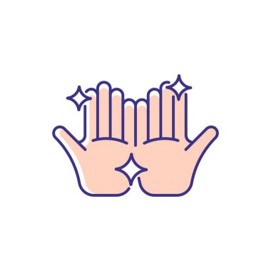 Temiz eller RGB renk simgesi. Sıcak su ve sabunla ellerini yıkıyorsun. Görünür kiri temizliyorum. Deri, göz enfeksiyonu önleme. Düzgün bir el yıkama. İzole vektör çizimi. Basit doldurulmuş çizgi çizimi