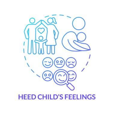Dikkat et çocuk mavi gradyan konsept ikonu hissediyor. Çocukça duygulara dikkat et soyut fikir ince çizgili illüstrasyon. Çocuk akıl sağlığı ve sosyalleşme. Vektör izole edilmiş dış çizgi renk çizimi