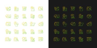 Geri dönüştürülmüş materyal gradyan simgeleri karanlık ve aydınlık moduna ayarlandı. Çevre dostu ürünler. İnce çizgili sembol demetleri. Siyah ve beyaz üzerine izole vektör ana hatları koleksiyonu