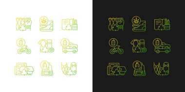 Karanlık ve aydınlık moduna ayarlanan atık eğrilik simgeleri azaltılıyor. Yükselen ürünler. Çevre dostu ayakkabılar. İnce çizgili sembol demetleri. Siyah ve beyaz üzerine izole vektör ana hatları koleksiyonu