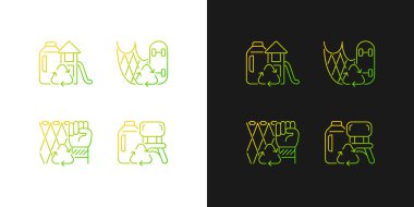 Sürdürülebilirlik eğrisi simgeleri karanlık ve aydınlık modu için geri dönüşüm ayarlanıyor. Balıkçılık takımları yeniden kullanılıyor. İnce çizgili sembol demetleri. Siyah ve beyaz üzerine izole vektör ana hatları koleksiyonu