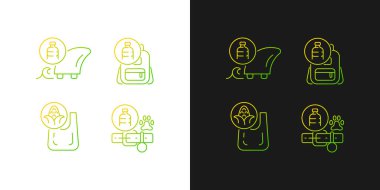 Geri dönüştürülmüş plastik gradyan simgelerinin ürünleri karanlık ve aydınlık moduna ayarlandı. Etik üretim. İnce çizgili sembol demetleri. Siyah ve beyaz üzerine izole vektör ana hatları koleksiyonu