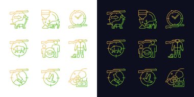 Hayvan avcısı gradyan simgeleri karanlık ve aydınlık moduna ayarlandı. Köpek bakıcısı. Keçi, domuz avı. İnce çizgili sembol demetleri. Siyah ve beyaz üzerine izole vektör ana hatları koleksiyonu