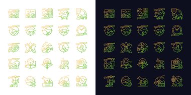 Avlanma gradyanı simgeleri karanlık ve aydınlık mod için ayarlanıyor. Vahşi hayvan ve kuş avı. Avını takip et. İnce çizgili sembol demetleri. Siyah ve beyaz üzerine izole vektör ana hatları koleksiyonu