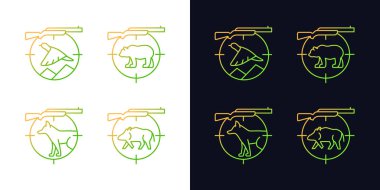 Big and small game hunting gradient icons set for dark and light mode. Hunting rifle to kill deer. Thin line contour symbols bundle. Isolated vector outline illustrations collection on black and white vector
