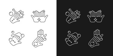Karanlık ve aydınlık moduna ayarlanmış el yıkama komutları doğrusal simgeleri. Avuçlarını sabunla ovala. Bardak parmaklar. Özelleştirilebilir ince çizgi sembolleri. İzole vektör çizimi çizimleri. Düzenlenebilir vuruş