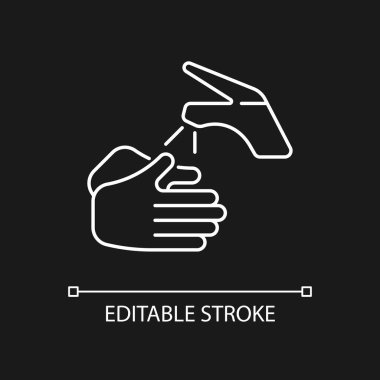 Karanlık tema için su beyazı doğrusal simgesiyle elleri ıslatıyorum. İyi hijyen uygulaması. Sıcak su kullanıyor. İnce çizgi özelleştirilebilir illüstrasyon. Gece modu için izole vektör kontur sembolü. Düzenlenebilir vuruş