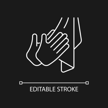 Koyu renk tema için beyaz havlu ve doğrusal simge ile kuru eller. Kağıt ve tekstil havlularıyla. İnce çizgi özelleştirilebilir illüstrasyon. Gece modu için izole vektör kontur sembolü. Düzenlenebilir vuruş