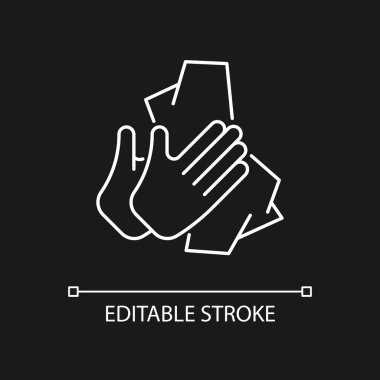 Koyu renk tema için beyaz dokuya sahip kuru eller. Avuç içlerindeki kirleri ve mikropları temizliyorum. İnce çizgi özelleştirilebilir illüstrasyon. Gece modu için izole vektör kontur sembolü. Düzenlenebilir vuruş