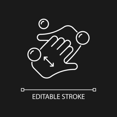 Koyu renk tema için fincan parmakları beyaz doğrusal simge. Temiz eller, sabunlu tırnaklar. Çamaşır yıkama tekniği. İnce çizgi özelleştirilebilir illüstrasyon. Gece modu için izole vektör kontur sembolü. Düzenlenebilir vuruş