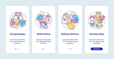 Bebek bakımı mobil uygulama sayfası ekranında. Anne, yeni doğan bebeğe bakıyor. 4 aşamalı grafik talimatlar ve kavramlarla. UI, UX, doğrusal renk çizimleri olan GUI vektör şablonu