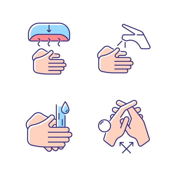 正确的洗手Rgb颜色图标设置 手工干燥的方法 用水擦拭手 擦擦手掌在一起 相互连接的手指 孤立的矢量图解 简单的填充线条绘图集合 — 图库矢量图片