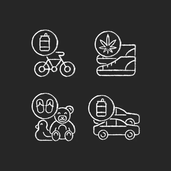 Reciclaje Negocios Tiza Iconos Blancos Establecidos Sobre Fondo Oscuro Bicicleta — Vector de stock
