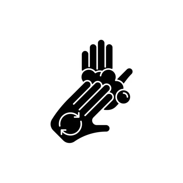 指の黒いグリフアイコンでヤシの木をこすります 定期的な手洗い 石鹸で手をカバー後で 掌を指先で泡立てる 白い空間にシルエットのシンボル ベクトル分離図 — ストックベクタ