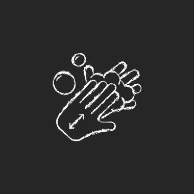 Koyu arkaplanda beyaz tebeşir simgesi var. Sabunla ellerini ovuşturmak. Düzgün bir el yıkama adımı. Avuçlarını köpükle kaplamak. Siyah üzerine izole edilmiş vektör çizimi