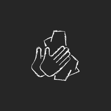 Koyu arkaplanda beyaz tebeşir simgesi olan kuru eller. Avuç içlerindeki kirleri ve mikropları temizliyorum. Antibakteriyel mendil kullan. Mikroorganizmaları kaldırın. Siyah üzerine izole edilmiş vektör çizimi