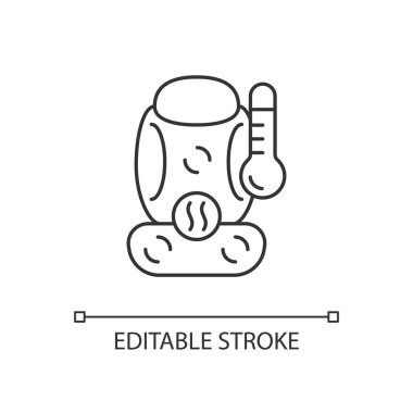 Masaj fonksiyonu doğrusal simgesi olan ısıtmalı koltuk. Arabada rahat bir sıcaklık var. İnce çizgi özelleştirilebilir illüstrasyon. Contour sembolü. Vektör izole çizim. Düzenlenebilir vuruş