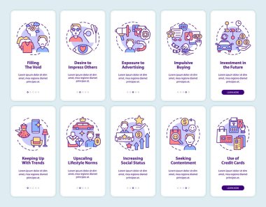 Mobil uygulama sayfa ekranında tüketim. Aşırı satın alma nedenleri. Kavramlarla birlikte 5 adımda grafik talimatlar. UI, UX, doğrusal renk çizimleri olan GUI vektör şablonu