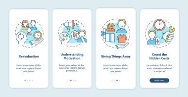 Mobil uygulama ekranında tüketiciliğe meydan okuyor. Konseptlerle birlikte dört aşamalı grafiksel talimatlar almayı bırak. UI, UX, doğrusal renk çizimleri olan GUI vektör şablonu