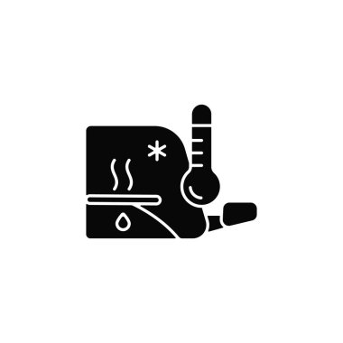 Isıtılmış silecek bıçakları siyah kabartma simgesi. Eriyen buz ve kar özelliği. Pencerelerin buzları çözülüyor. Ön camı buzdan korumuş oluruz. Beyaz uzayda siluet sembolü. Vektör izole illüstrasyonu