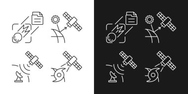 Karanlık ve aydınlık mod için iklim izleme uyduları doğrusal simgeleri ayarlandı. Meteorolojik Dünya gözlem sistemi. Özelleştirilebilir ince çizgi sembolleri. İzole vektör çizimi çizimleri. Düzenlenebilir vuruş