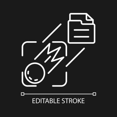 Karanlık tema için uzay beyaz doğrusal simgesi resimleri gönderiliyor. Gök cisimlerini yakalıyorum. İnce çizgi özelleştirilebilir illüstrasyon. Gece modu için izole vektör kontur sembolü. Düzenlenebilir vuruş