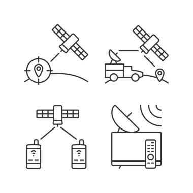 İletişim uyduları doğrusal simgeler ayarlandı. Küresel telekomünikasyon ağı bağlantısı. Özelleştirilebilir ince çizgi şekilleri. İzole vektör çizimi çizimleri. Düzenlenebilir vuruş