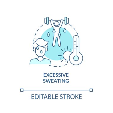 Aşırı terleyen mavi konsept ikonu. Sıcak hava terlemeye ve sıcak çarpmasına yol açar. Egzersiz yapıyorum. Susuzluk soyut fikir ince çizgi çizimi. Vektör izole edilmiş dış hat renk çizimi. Düzenlenebilir vuruş