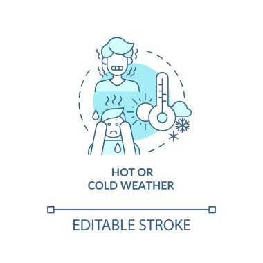 Sıcak ya da soğuk hava mavi konsept ikonu. Bolca su iç. Nemden korunma. Susuzluk soyut fikir ince çizgi çizimi. Vektör izole edilmiş dış hat renk çizimi. Düzenlenebilir vuruş