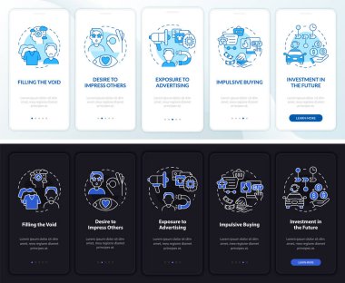 Tüketim için nedenler karanlık, açık renkli mobil uygulama sayfası ekranı. Kavramlarla birlikte 5 aşamalı grafik talimatlar. UI, UX, GUI vektör şablonu doğrusal gece ve gündüz kip çizimleri