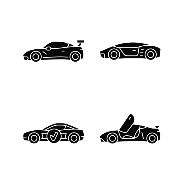 Carrera Coches Modelos Glifo Negro Iconos Establecidos Espacio Blanco Vehículo — Vector de stock